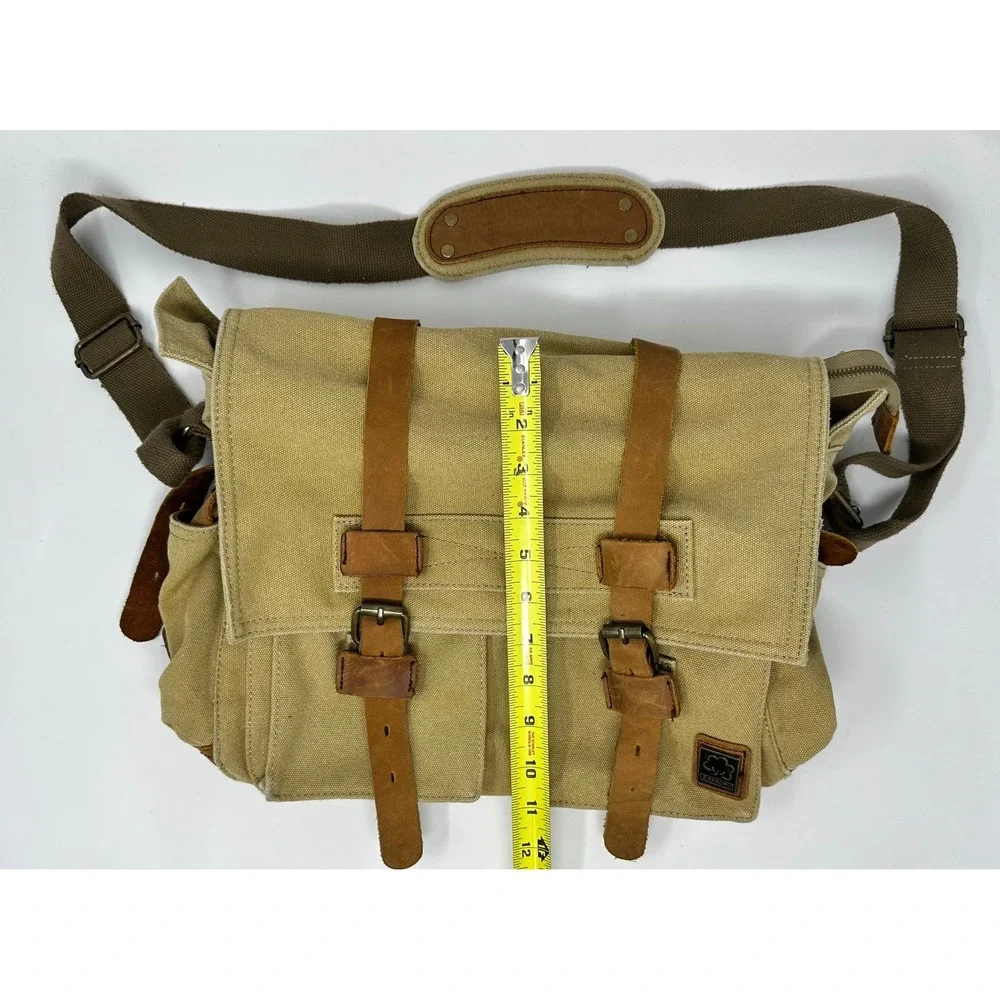 Sechunk Vintage Canvas Messenger Bag Leather Trim Khaki Satchel Laptop Bag Stain